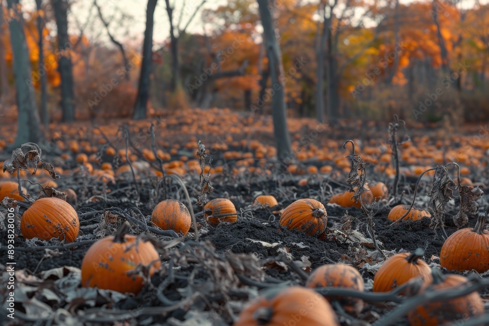 Obraz premium Pumpkin patch in an autumn forest, with numerous pumpkins scattered across the dark soil