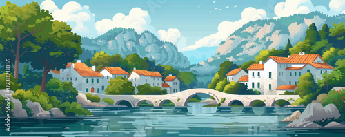 A tranquil riverside village with wooden bridges spanning the waterways. Vector flat minimalistic isolated illustration.