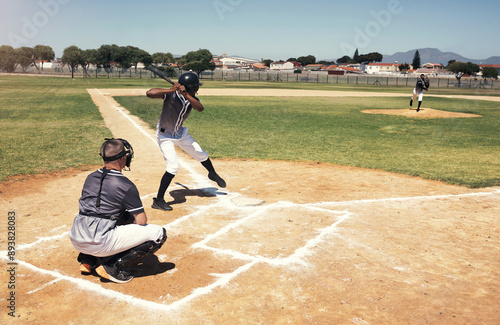 Wall Mural Baseball, pitch and game for man with bat, training and fitness team on field for practice