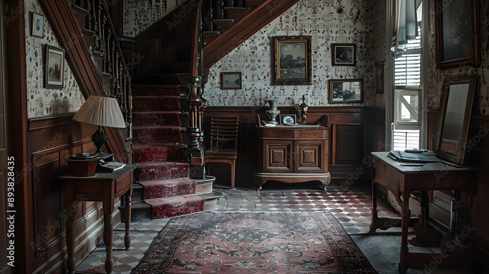 Fototapeta premium A vintage interior scene featuring an ornate staircase, antique furniture, and rich wallpaper, evoking a sense of nostalgia and history. 