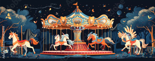 Whimsical carousel with ornate animal figures Vector flat minimalistic isolated illustration