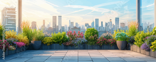 Urban rooftop garden with city views Vector flat minimalistic isolated illustration