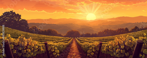 A tranquil vineyard with rows of grapevines stretching into the distance under a golden sunset. Vector flat minimalistic isolated illustration.