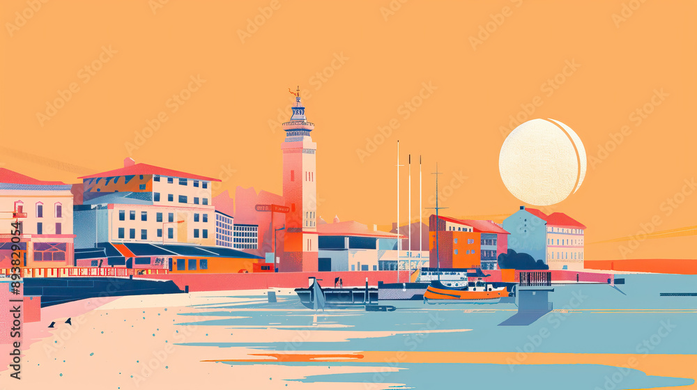 Obraz premium Risograph colorful riso print travel poster, card, wallpaper or banner illustration, modern, isolated, clear, simple of Gijón, Spain. Artistic, screen printing, stencil