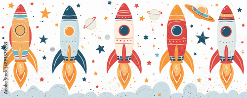 Rocket toys on a white backdrop. Vector flat isolated illustration.