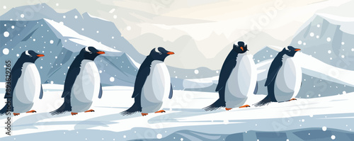 A group of penguins waddling along the icy Antarctic landscape, representing resilience and adaptation in harsh environments on a white background. Vector flat minimalistic isolated illustration.