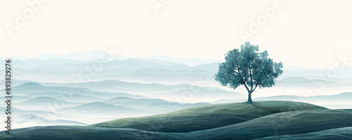 A solitary tree standing on a hilltop overlooking a vast landscape on a white background. Vector flat minimalistic isolated illustration.