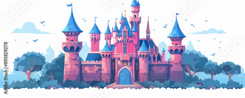 Whimsical fairytale castle with towers and battlements Vector flat minimalistic isolated illustration