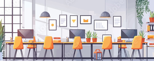 Modern co-working space with open desks and laptops. Vector flat minimalistic isolated illustration.