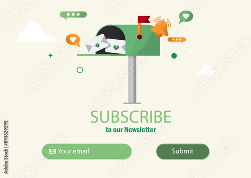 Subscribe to Our Newsletter Illustration with Mailbox and Envelopes. Green newsletter. Notification management. Eco notifications