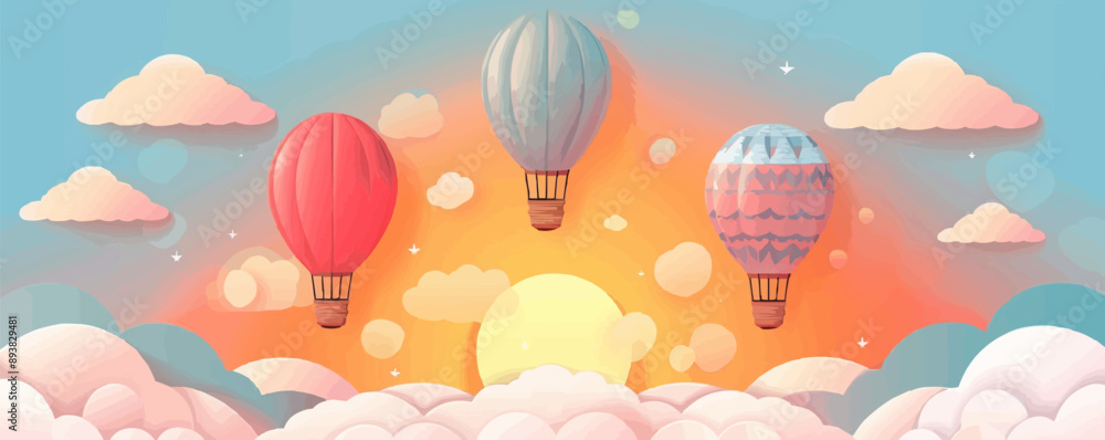 Colorful hot air balloons floating in the sky at sunrise. Vector flat minimalistic isolated illustration. Colorful hot air balloons floating in the sky at sunrise. Vector flat minimalistic isolated illustration.