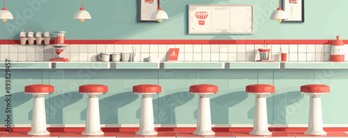 Retro diner counter with stools and milkshakes Vector flat minimalistic isolated illustration