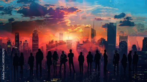 A group of people are silhouetted against a city skyline. Concept of unity and collaboration among the individuals, as they are all standing together in a group photo