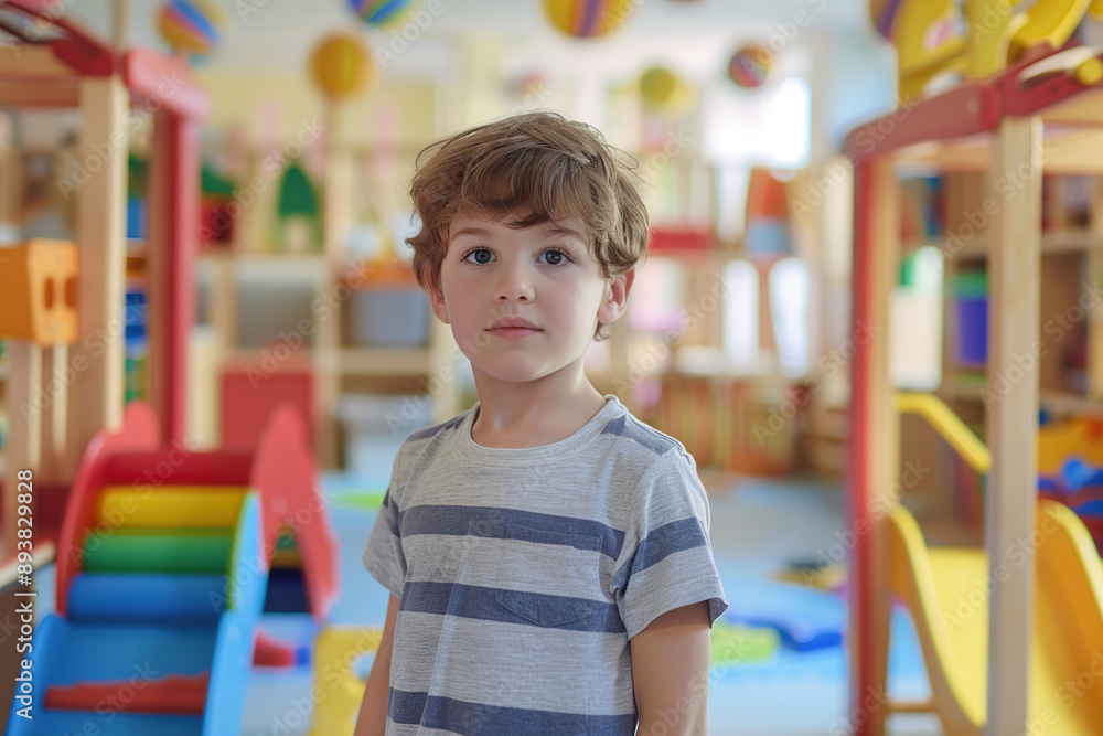 Child boy having fun on playroom in kindergarten Child boy having fun on playroom in kindergarten