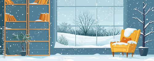A cozy reading nook by a window, with a view of a snowy landscape outside. Vector flat minimalistic isolated illustration.