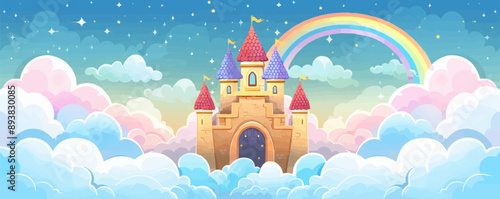 A mystical castle floating in the clouds with a rainbow bridge leading to its gates. Vector flat minimalistic isolated illustration.