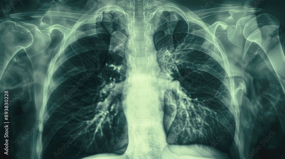 Film Chest x-ray finding Interstitial pulmonary infiltration both lungs and Normal heart size and bony thorax.Medical healthcare concept. Film Chest x-ray finding Interstitial pulmonary infiltration both lungs and Normal heart size and bony thorax.Medical healthcare concept.