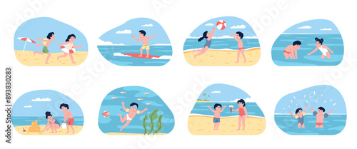 Children beach activities. Kids play in various games on summer vacations near sea or ocean. Childish seasonal recreation, recent vector scenes
