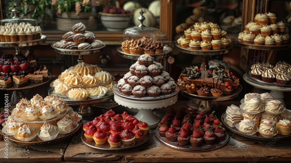 Assorted Gourmet Desserts Displayed on Elegant Stands in a Bakery Setting with Cupcakes, Pastries, and Tarts Assorted Gourmet Desserts Displayed on Elegant Stands in a Bakery Setting with Cupcakes, Pastries, and Tarts
