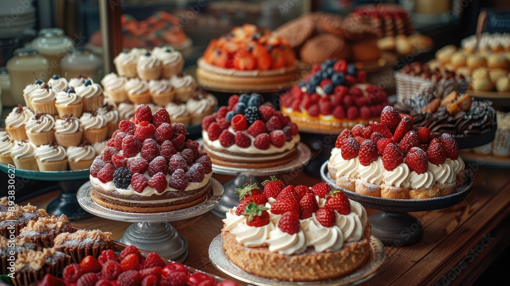 Assorted Delicious Pastries and Cakes Displayed in a Bakery Shop with Fresh Berries and Cream Toppings Assorted Delicious Pastries and Cakes Displayed in a Bakery Shop with Fresh Berries and Cream Toppings