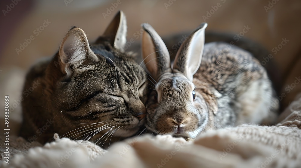 Furry Friends:A Peaceful Interspecies Bonding Moment Between Cat and Rabbit Furry Friends:A Peaceful Interspecies Bonding Moment Between Cat and Rabbit