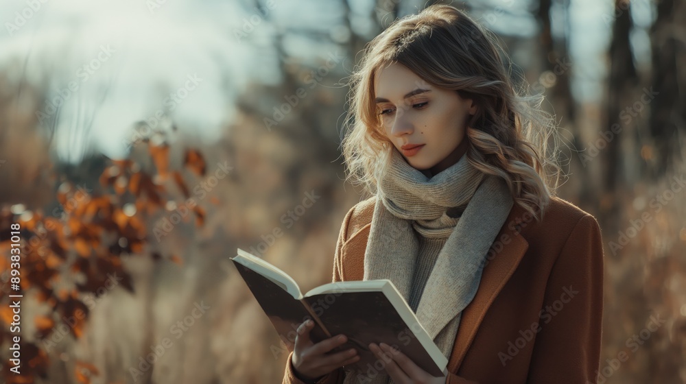 Fototapeta premium Woman reading paperback book outdoors.