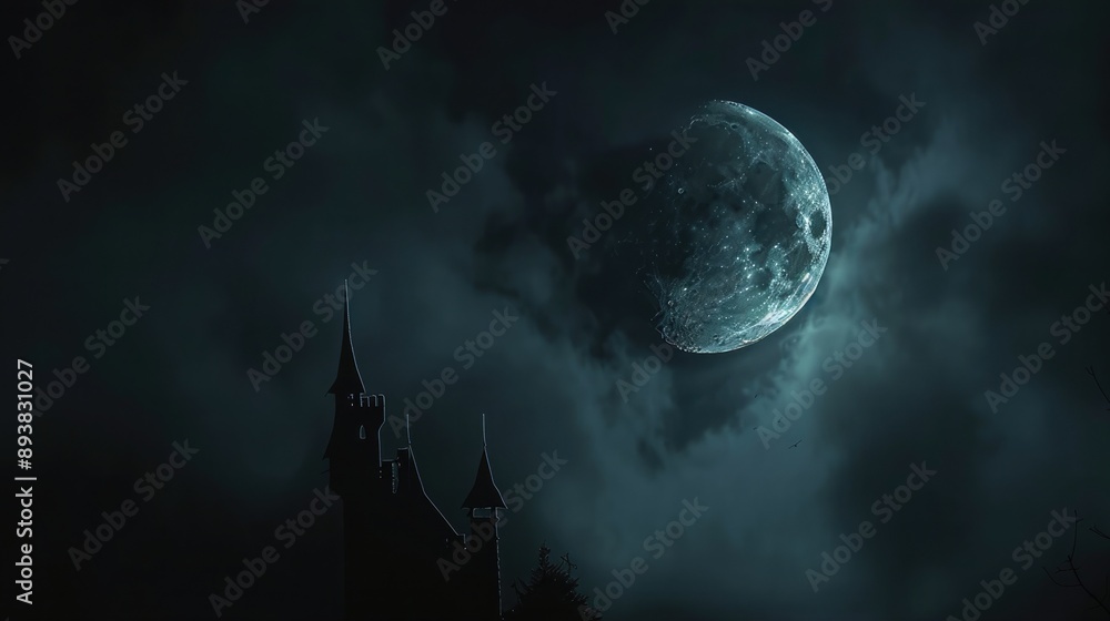 Bright crescent moon in clear black sky, haunted house silhouette, wisps of clouds, mysterious Halloween atmosphere. Crescent moon black background halloween Bright crescent moon in clear black sky, haunted house silhouette, wisps of clouds, mysterious Halloween atmosphere. Crescent moon black background halloween