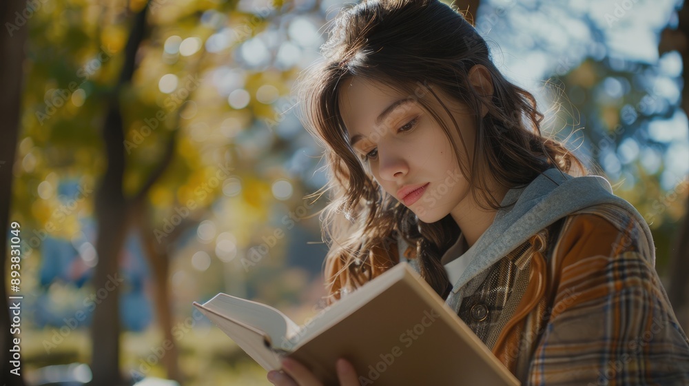 Obraz premium Woman reading paperback book outdoors.
