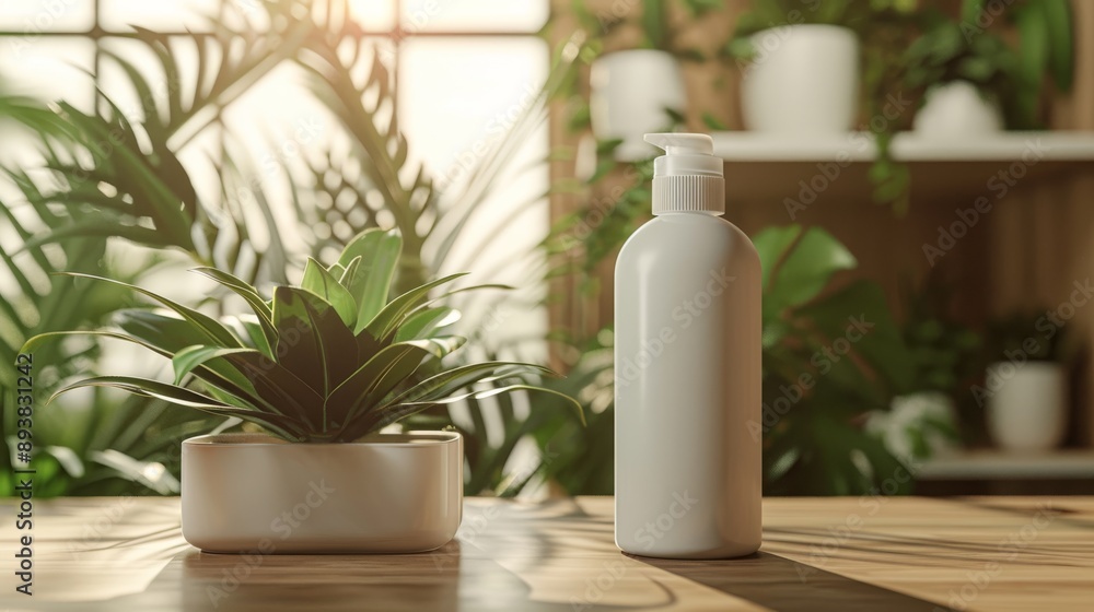 White Pump Bottle and Potted Plant on a Wooden Table in a Sunny Room White Pump Bottle and Potted Plant on a Wooden Table in a Sunny Room