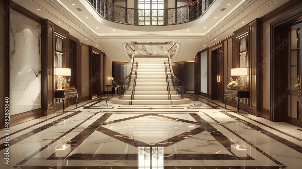 An elegant and luxurious entrance hall featuring a grand staircase, polished marble floors, and tasteful decorative elements. An elegant and luxurious entrance hall featuring a grand staircase, polished marble floors, and tasteful decorative elements.