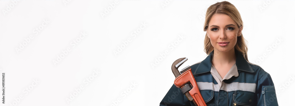 A panoramic image featuring an attractive blonde young woman clad in overalls and a helmet, brandishing a tool, all set before a white backdrop offering ample space for text.