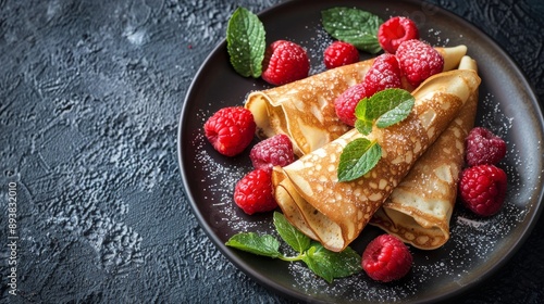 A closeup of a plate of golden crepes topped with fresh raspberries and mint leaves