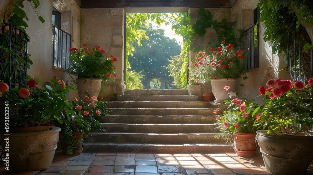 A charming entrance adorned with vibrant flowers and sunlight streaming through, inviting a sense of tranquility and beauty. A charming entrance adorned with vibrant flowers and sunlight streaming through, inviting a sense of tranquility and beauty.