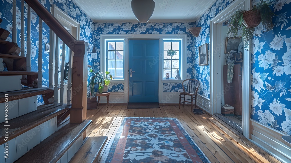 Fototapeta premium A bright and inviting hallway featuring floral wallpaper, a wooden staircase, and natural light filtering through the windows, creating a cozy atmosphere for a home. 