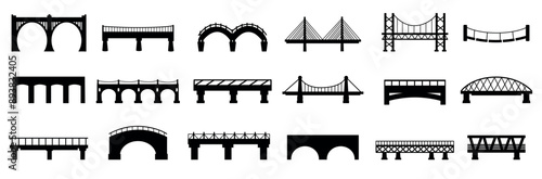 Bridge black silhouettes. Urban industrial architecture constructions, city design elements. Different bridges for town and village, nowaday vector icons