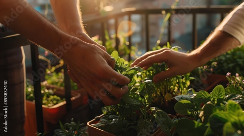 Close-up of two men, partners in life, gardening together on their balcony. Their hands work in unison, planting flowers and herbs, symbolizing growth and nurturing in their relationship. The scene photo