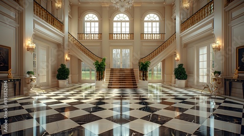 Fototapeta Naklejka Na Ścianę i Meble -  A grand and elegant foyer with a checkered marble floor, sweeping staircases, and large windows allowing natural light to illuminate the opulent space.