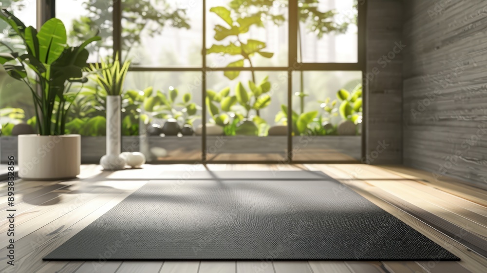 Fototapeta premium Yoga mat on floor in bright, modern fitness space