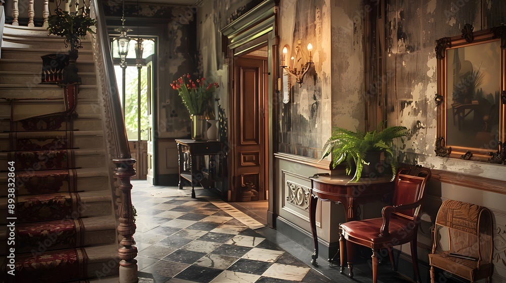 Fototapeta premium An elegant vintage hallway with a staircase, adorned with potted plants and classic furniture, evokes a sense of timeless charm and nostalgia.