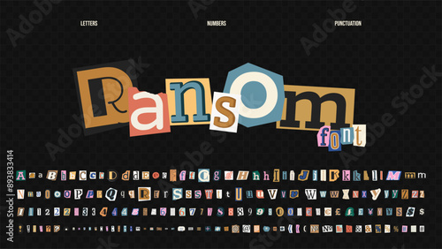 Retro Ransom Note Fonts. Vintage clippings of anonymous letters, numbers, punctuation marks from magazines. Alphabet for grunge design. Collage cutout scrapbook typeface design in a pop art style.