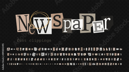 Vintage Newspaper Ransom Note Fonts. Collage cutout detective letters, numbers, punctuation. Trendy anonymous alphabet for grunge design. Clipping scrapbook typeface design in a pop art style.