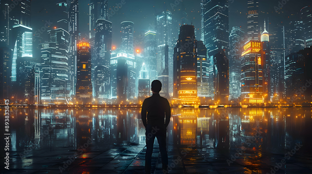A city skyline transformed by Smart Cities technology with automated public services A city skyline transformed by Smart Cities technology with automated public services