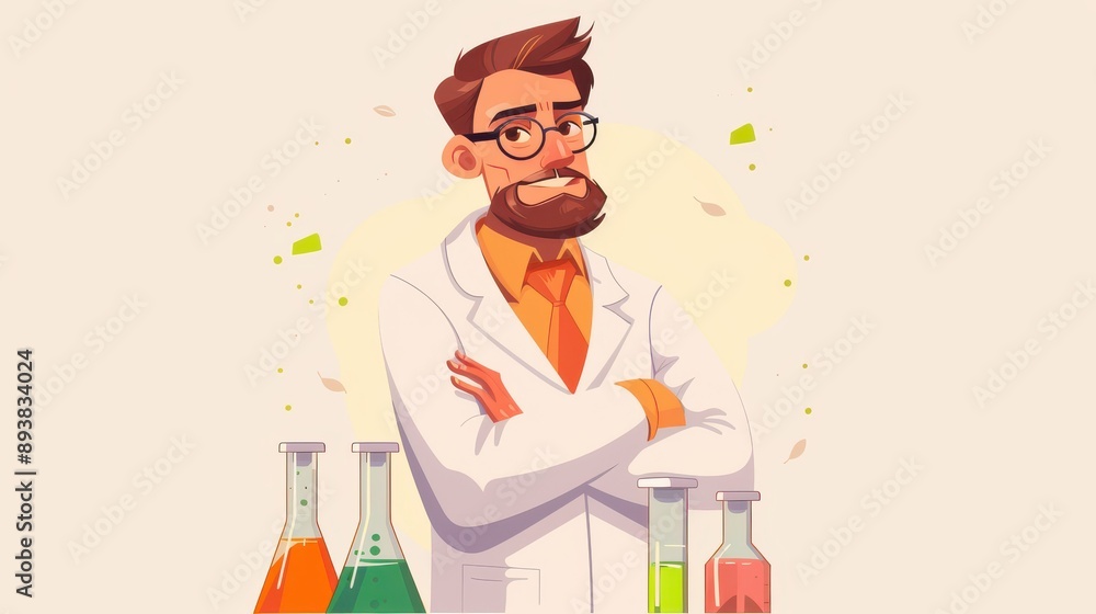 cartoon scientific doctor with chemical flasks cartoon scientific doctor with chemical flasks