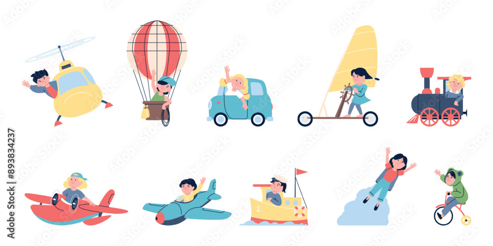 Cartoon kids riding and flying in transport. Children on plane hot air balloon ship helicopter car and train. Drivers and pilots recent vector characters Cartoon kids riding and flying in transport. Children on plane hot air balloon ship helicopter car and train. Drivers and pilots recent vector characters