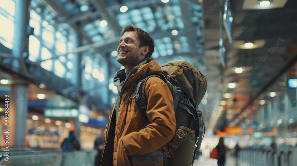 Happy Young Male Traveler with Backpack at Airport Terminal. Adventure and Travel Concept Happy Young Male Traveler with Backpack at Airport Terminal. Adventure and Travel Concept