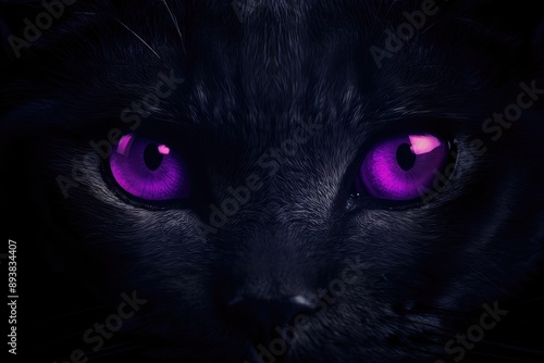 Beautiful extreme close-up of black cat. Macro shot of cat's purple eyes. Wildlife and wild nature concept. Banner, wallpaper.  photo