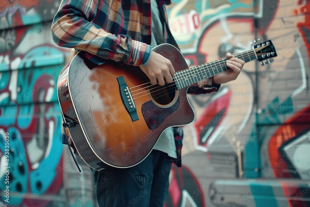 Obraz premium Street Musician Playing Acoustic Guitar in Graffiti Alley