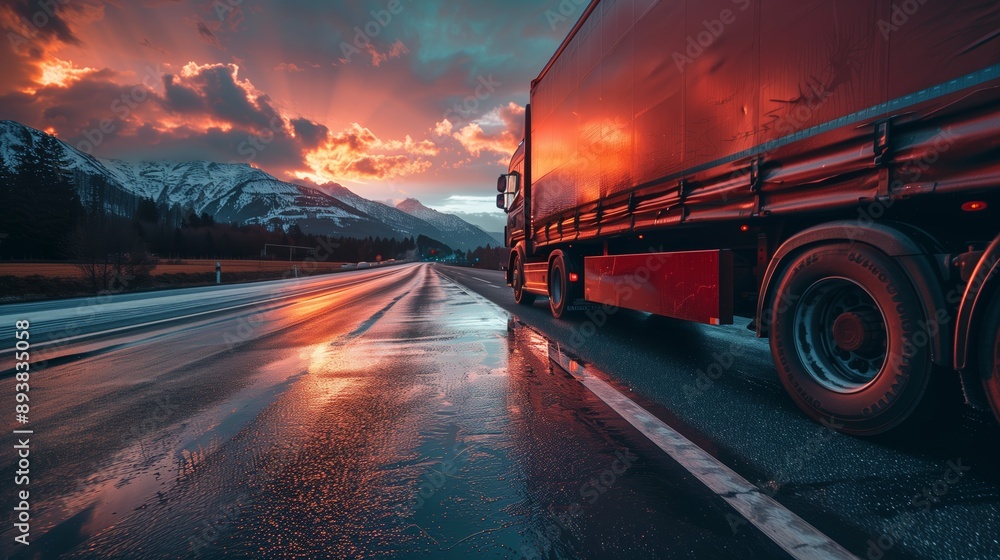 Fototapeta premium Road Freight And Logistics Concept With Cargo Truck Driving Through Forest Landscape On Long Distance Route