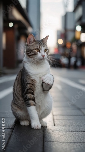 Cat sitting on the street in the city, selective focus, shallow depth of field