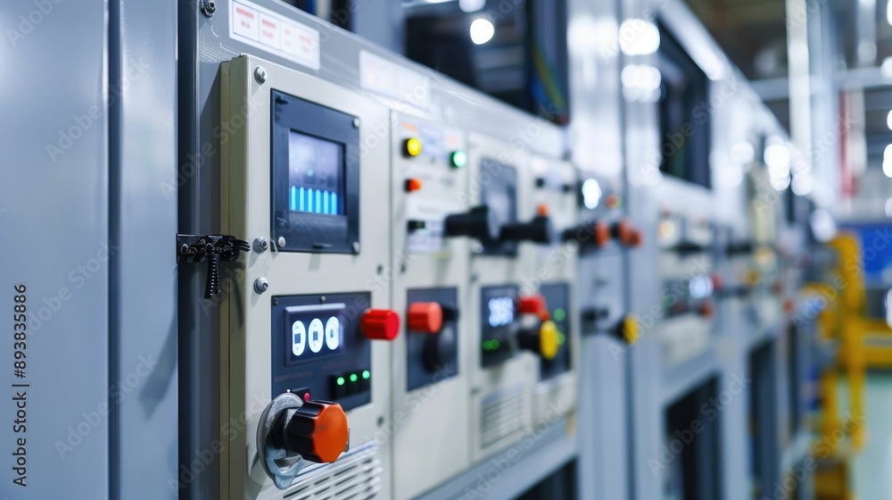 Control panel with digital displays and switches in a factory Control panel with digital displays and switches in a factory